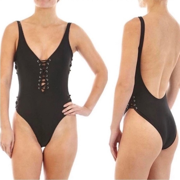 NWT TiniBikini Swimwear Blue Deep V Lace Up One Piece Swimsuit Size Small Sexy! - Picture 1 of 16
